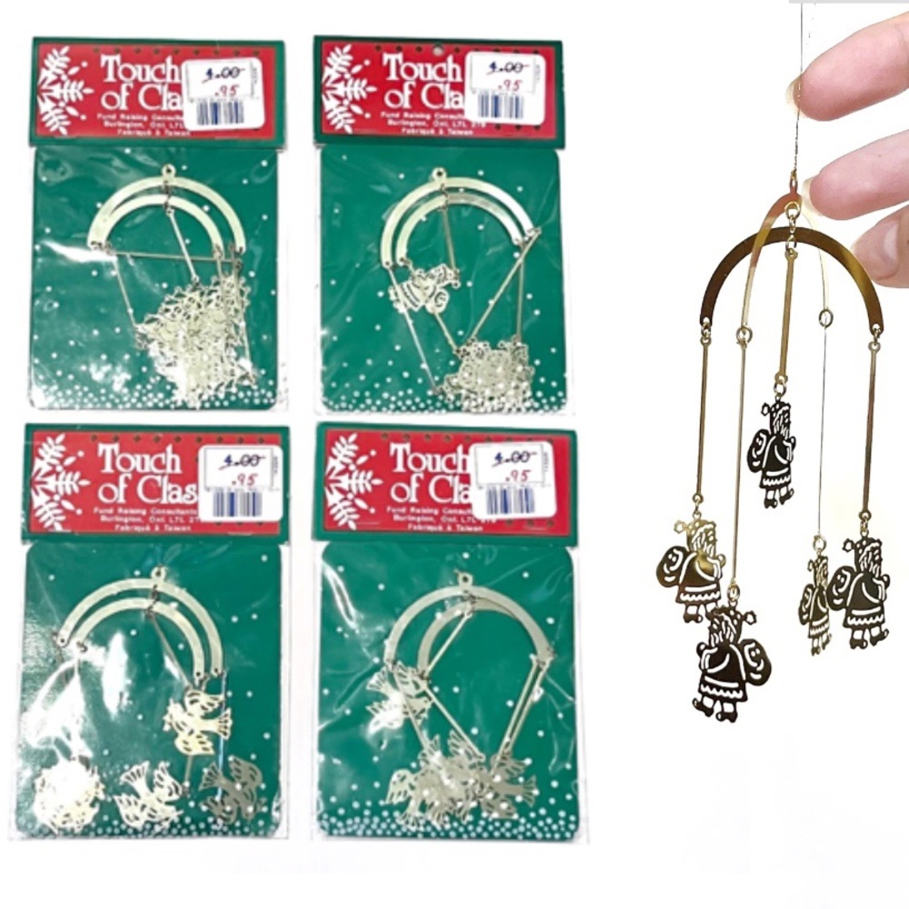 Vintage Gold Tone Christmas Mobiles Ornaments Set of 4 Metal Doves Trees Santa